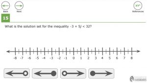 Picture of a number line with rays that can be dragged and dropped to show the correct solution to an inequality