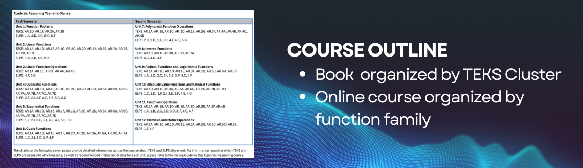 Course Outline Book organized by TEKS Cluster Online course organized by function family